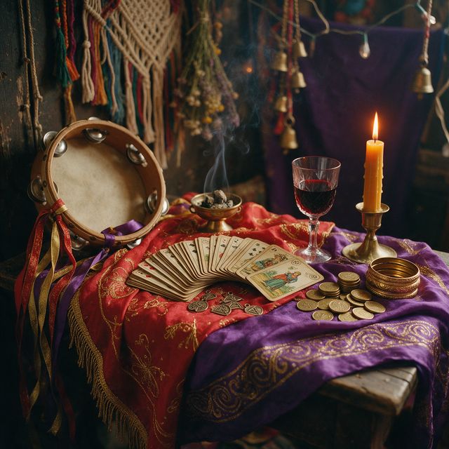 Mesa cigana com lenços, cartas, moedas e vinho