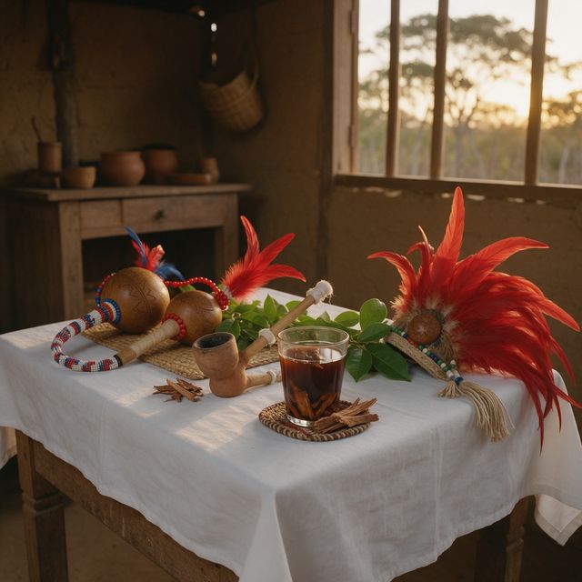 Mesa de Jurema com cachimbos, maracás e cocar